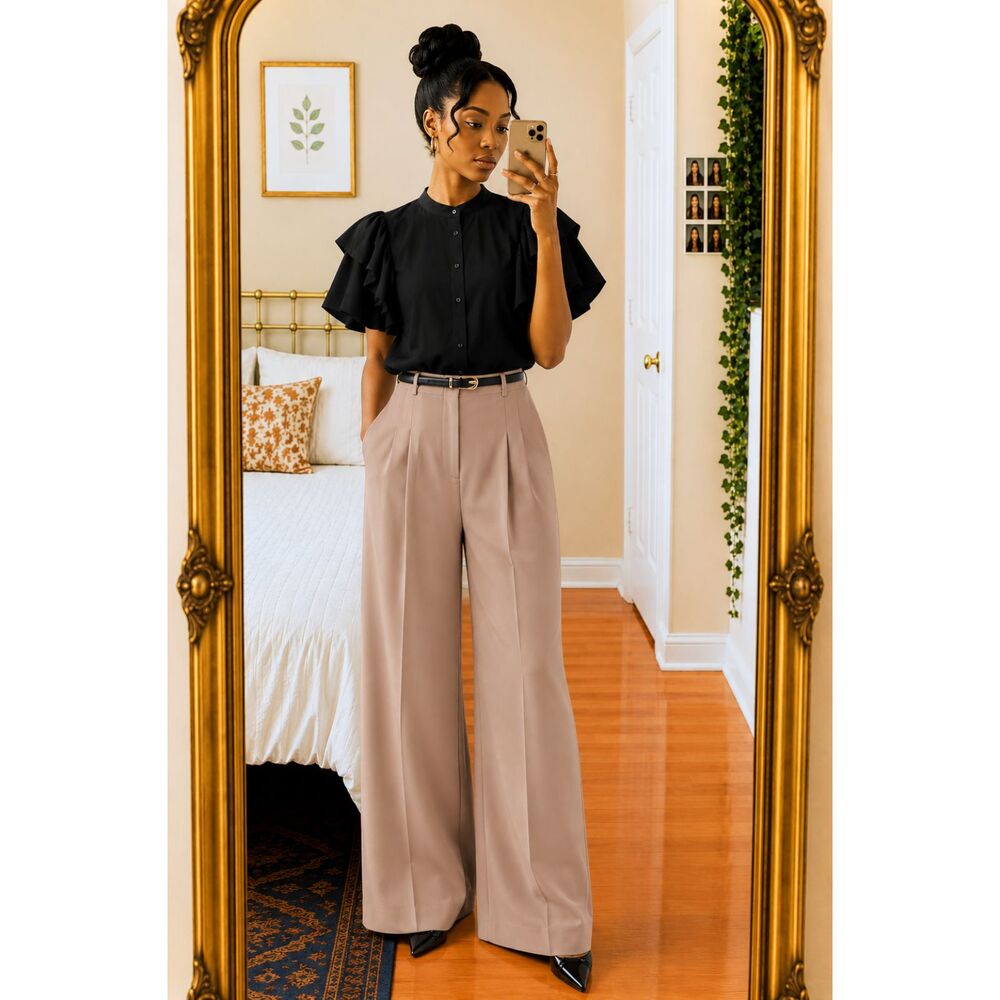 Shein Women Black Ruffle Short Sleeve Blouse Office Siren Corporate Goth Size L